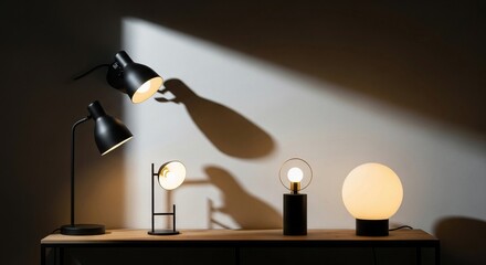 Fototapeta na wymiar A collection of modern table lamps with distinct designs casting intriguing shadows on a wall.