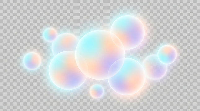 Iridescent bubbles floating. Shimmering orbs on transparent background. Abstract design element
