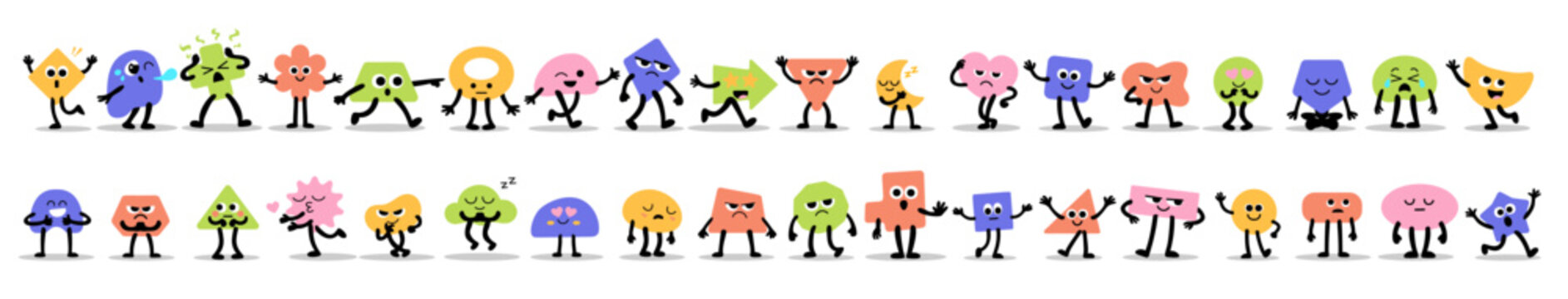 Cartoon geometric figure characters with expressive faces and hands, funny cute shapes in action. Each geometric figure face moves and shows feeling.