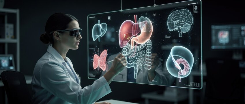 Medical Professional Analyzing Virtual Organs on Interactive Display in High-Tech Laboratory Environment