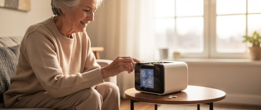 Elderly woman interacting with advanced technology device in cozy living room, enjoying comfort and convenience at home during daytime with natural light