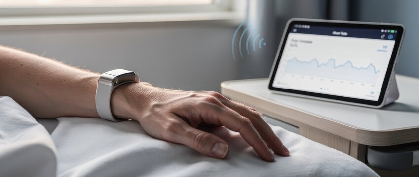 Hand of a person wearing a fitness tracker lying on a bed with a digital tablet displaying health data and heart rate chart in a bright room