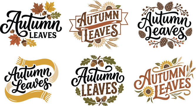 Autumn Leaves Typography Collection Fall Seasonal Vector Illustrations
