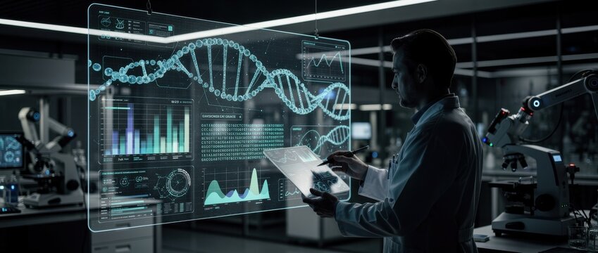 Scientist Analyzing Data on Transparent Digital Screen with Genetic Information in Modern Laboratory Setting