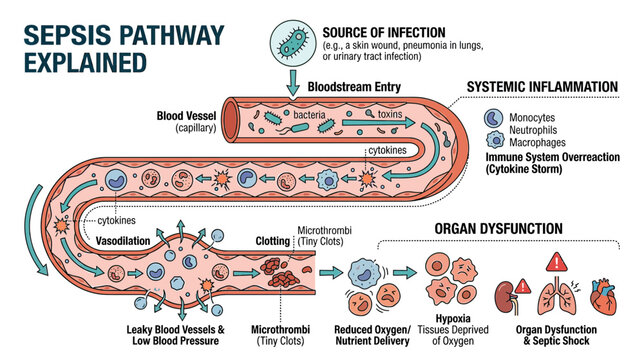Sepsis Pathway Explained: Infection, Inflammation, Organ Dysfunction Medical Illustration