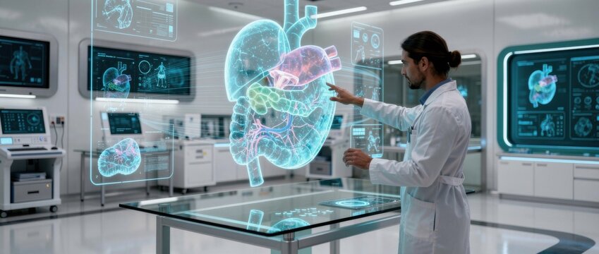 Doctor Using Advanced Technology to Analyze 3D Human Anatomy in a Modern Medical Laboratory with Digital Displays and Interactive Holograms