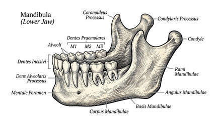 Anatomical Illustration of a Human Mandible (Lower Jaw) with Labeled Teeth © lobes