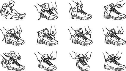 Obraz premium Black White Line Art Step-by-Step Guide: How to Lace Hiking Boots for Outdoor Activity