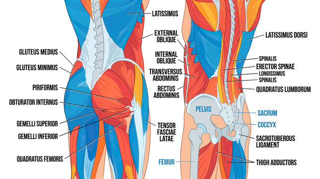 Anatomical Illustration of Human Torso and Hip Muscles with Labels