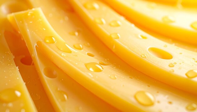 Sliced Swiss cheese with glossy texture and water droplets in close up, premium dairy product for food advertising and packaging design