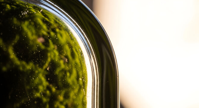 Close up of green mossy texture in glass jar.