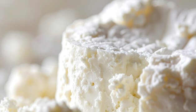 Fresh soft goat cheese with crumbly creamy texture in macro close up, artisanal dairy product for gourmet food advertising and packaging