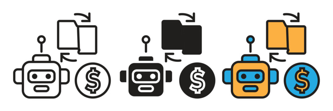 Financial robot automation vector icon set with data folder and dollar coin symbol. Commercial vector artwork representing robotic financial management, automated fintech accounting, and digital cash.