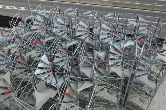 a big group steel spiral staircases at a construction site