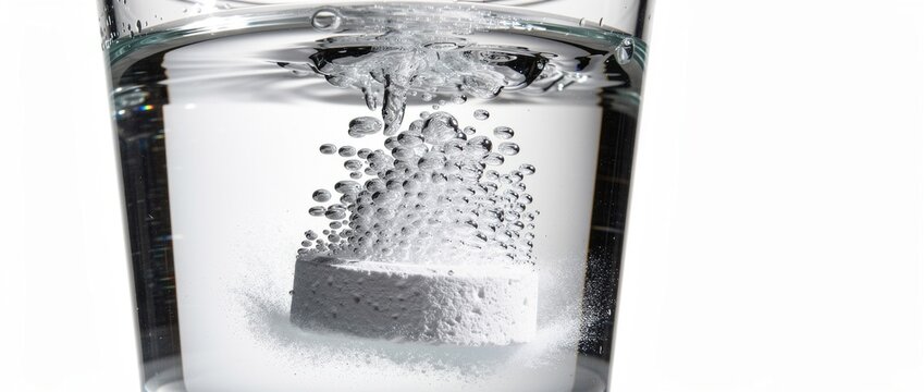 Fizzy Tablet Dissolving in Water Creating Bubbles and Energy in a Clear Glass for Health and Wellness Representation