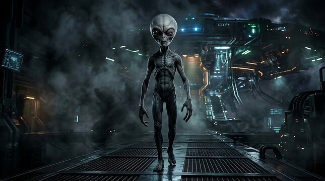 Spooky halloween alien encounter a grey extraterrestrial in a sci fi spaceship corridor digital art