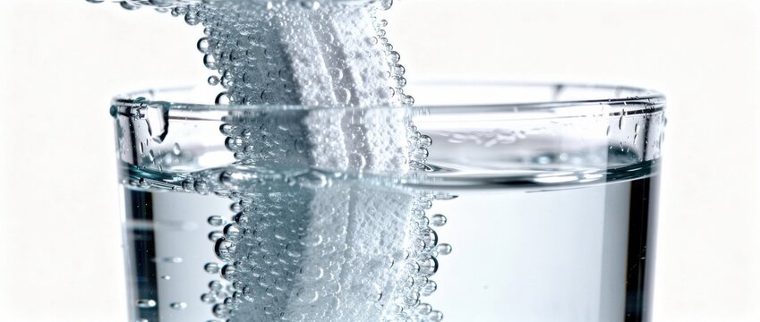 Clear sparkling water flowing into a glass creating bubbles and ripples under soft light with a white background, symbolizing freshness and hydration