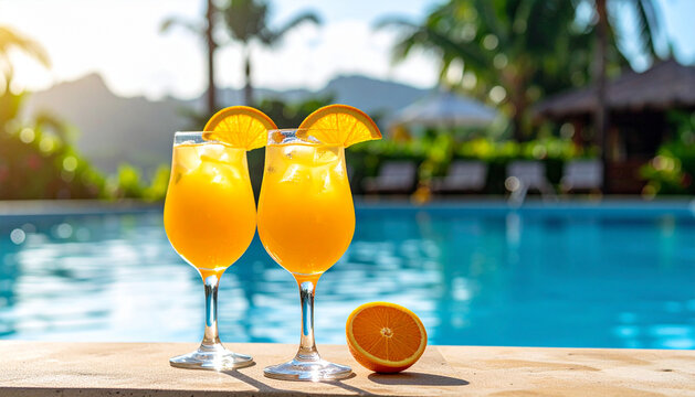 Two refreshing orange cocktails with orange slice garnish by luxury pool with palm trees and warm sunset light