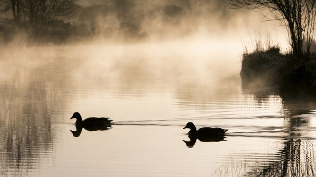 Two Ducks Swimming on a Misty Lake at Dawn