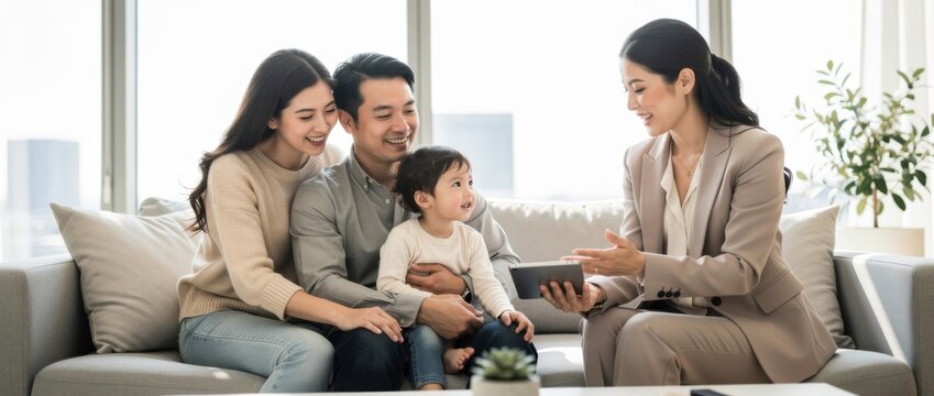Family Meeting with Consultant at Home Discussing Plans and Strategies for Future Growth and Development in Cozy Relaxing Living Room Setting