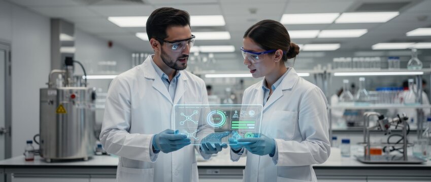 Scientists Collaborating in Modern Laboratory with High-Tech Equipment and Digital Interface Displaying Data and Research Metrics in Bright Environment