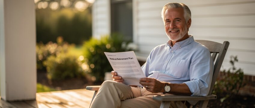 Senior gentleman enjoys retirement on porch while reading important documents, reflecting peace, tranquility, and a fulfilling lifestyle in natural light