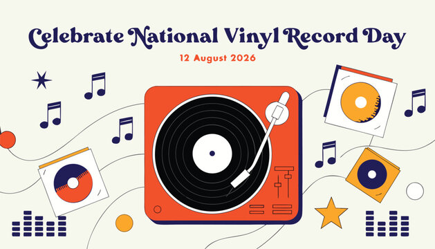 Bright orange turntable celebrating national vinyl record day with musical notes