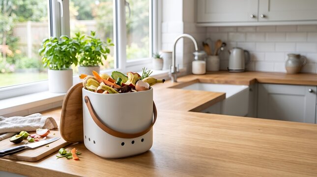Compost bin filled with organic food scraps on a modern kitchen counter.