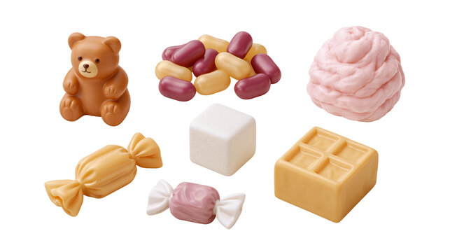 Playful assorted gummy bear and jelly bean candy icons isolated on transparent background for vibrant food design and creative party decoration projects