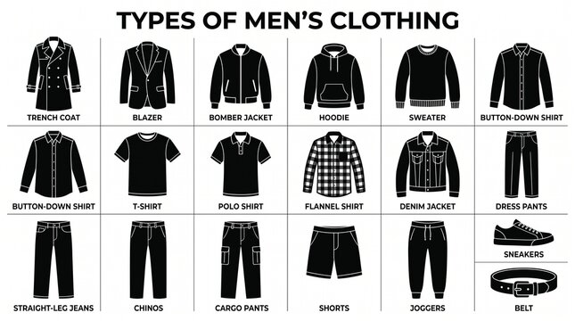 The picture is an infographic showing different types of men's clothing and accessories in silhouette icon form.