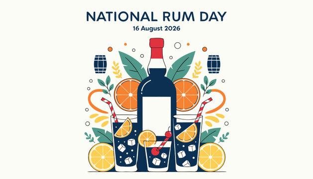 Colorful illustration celebrating national rum day with bottles and cocktails
