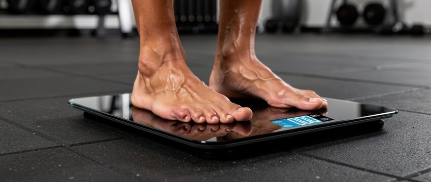 Person Weighing Themselves on Modern Digital Scale in Gym Environment with Focus on Feet and Display Showing Weight Measurement Results