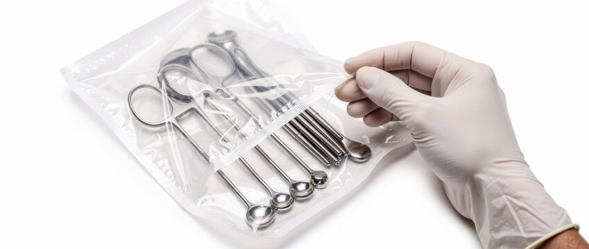 Sterile Surgical Instruments in Packaging with Gloved Hand Preparing for Medical Procedure, Close-Up of Healthcare Tools and Equipment