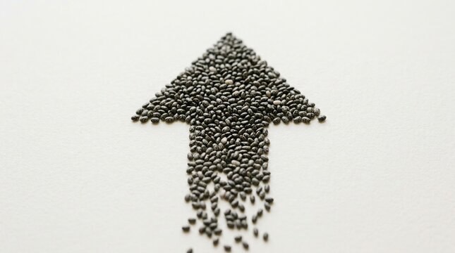 Seeds forming upward arrow, sustainable growth, agriculture investment concept on white background.