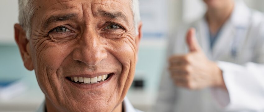 Smiling elderly man with expressive wrinkles in medical setting, healthcare professional giving approval in background, showcasing patient satisfaction and care