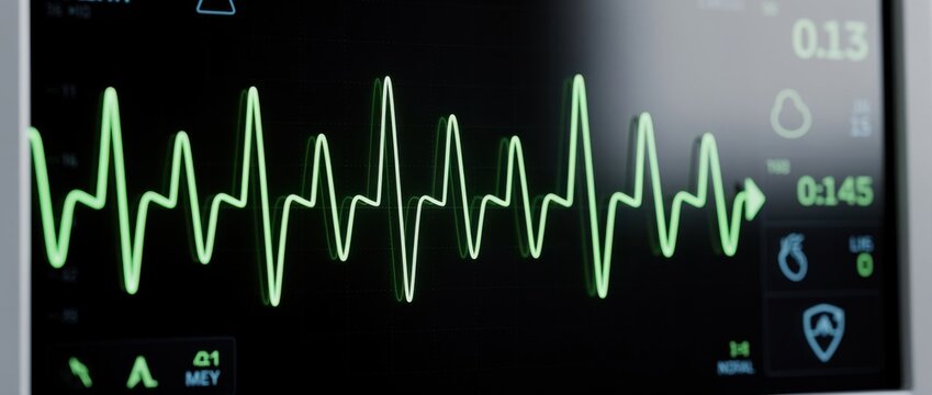 Heart Rate Monitor Display with ECG Waveform and Vital Signs Readings in a Clinical Setting Emphasizing Health and Medical Technology and Care