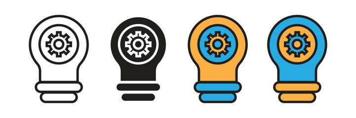 Idea Innovation Development Gear Cog Lightbulb Vector Icon Set. Gear cog wheel inside lightbulb vector icon set representing innovation development, creative engineering process, and business. © sunaerih
