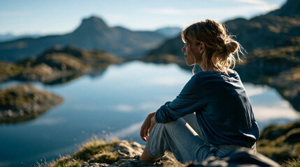Fototapeta premium An attractive european woman sitting and looking out at a bright calm mountain lake in daylight seen from behind serene peaceful mood clear sky mountains lake hiking