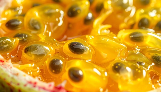 Fresh passion fruit pulp with juicy seeds in macro view, exotic tropical fruit texture for healthy food packaging and beverage advertising
