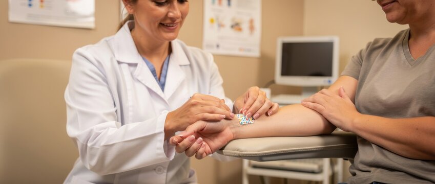 Medical Professional Administering Injection to Patient in Bright Clinic Setting with Warm Colors and Friendly Atmosphere