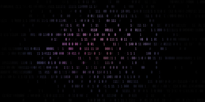 Binary code stream with zero and one digits glowing in pink on black dark background representing digital data information.