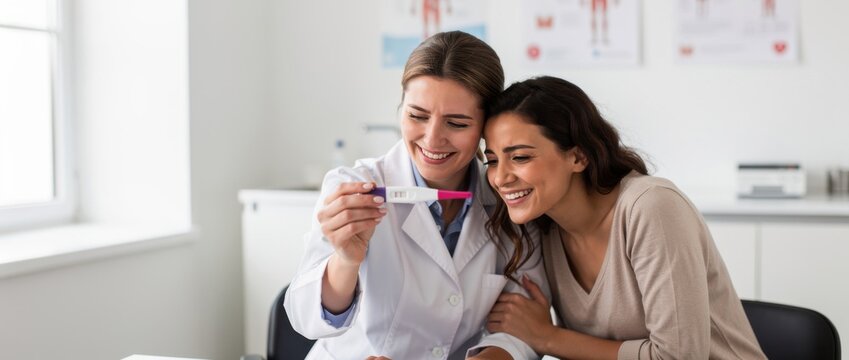Joyful Moment Between Doctor and Patient Celebrating Positive Pregnancy Test Result in Medical Office with Happy Expressions and Warm Atmosphere
