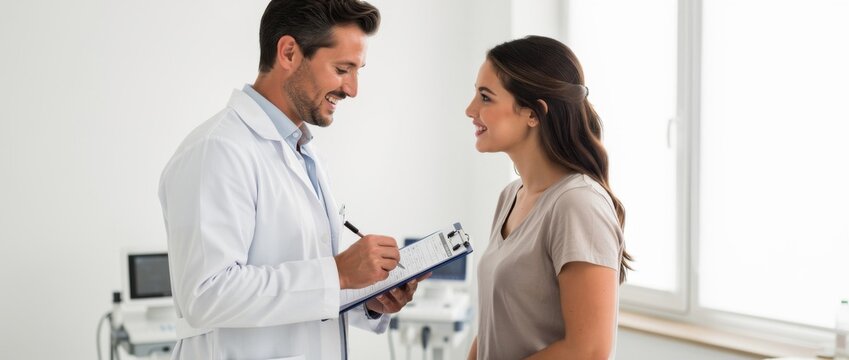 Smiling doctor interacting with patient in a medical office, showcasing professionalism, care, and communication in healthcare environments
