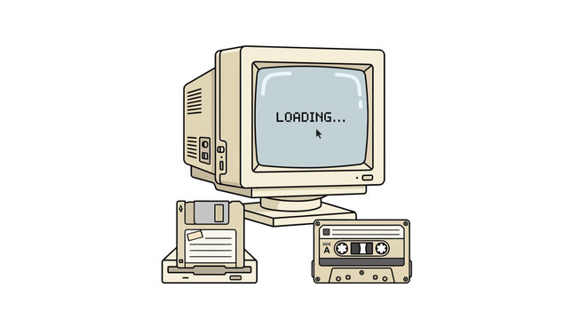 Retro Computer Loading Screen with Floppy Disk and Cassette Tape