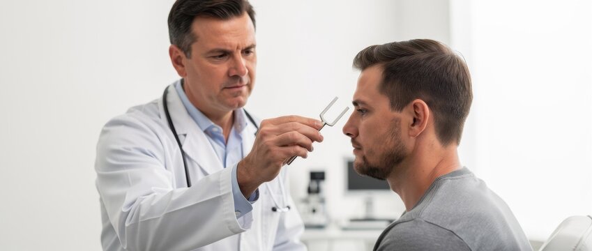 Doctor examines patient vision using optical device in medical office, focused on eye care and professional healthcare consultation experience