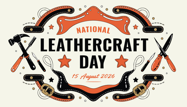 Decorative vintage emblem celebrating national leathercraft day with professional artisan tools