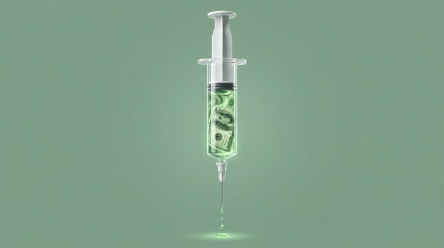 Healthcare cost, medical expense, drug pricing concept with syringe dripping money.