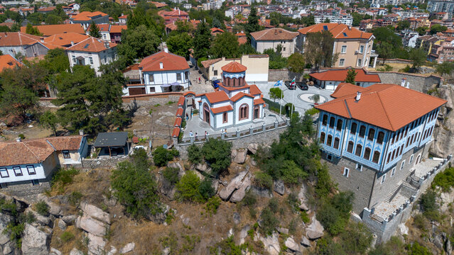 Aerial view of Saint Nedelya Church and historic houses on a rocky hill in Old Town Plovdiv Bulgaria