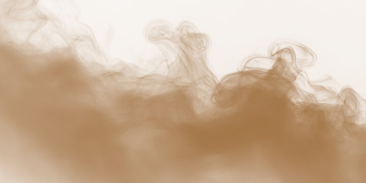 Sand dust soil smoke particle cloud isolated on transparent white background. Brown sandstorm smoggy dust burst rising. Design elements for compositing, overlay, covering, PNG