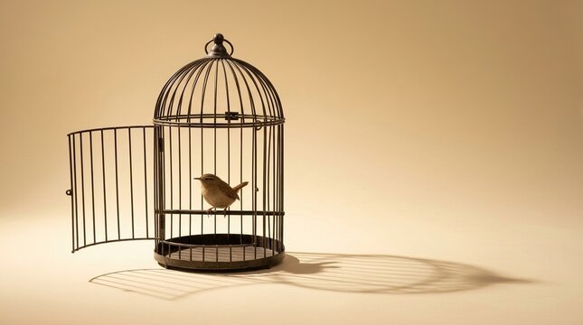 Missed opportunity, freedom ignored, comfort zone concept with bird inside open cage.